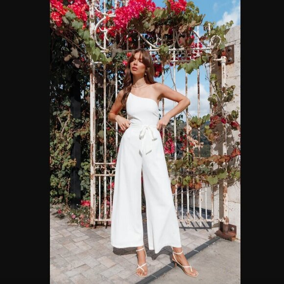 Petal & Pup Leyton White One Shoulder Wide Leg Belted Jumpsuit 2 - Picture 1 of 16